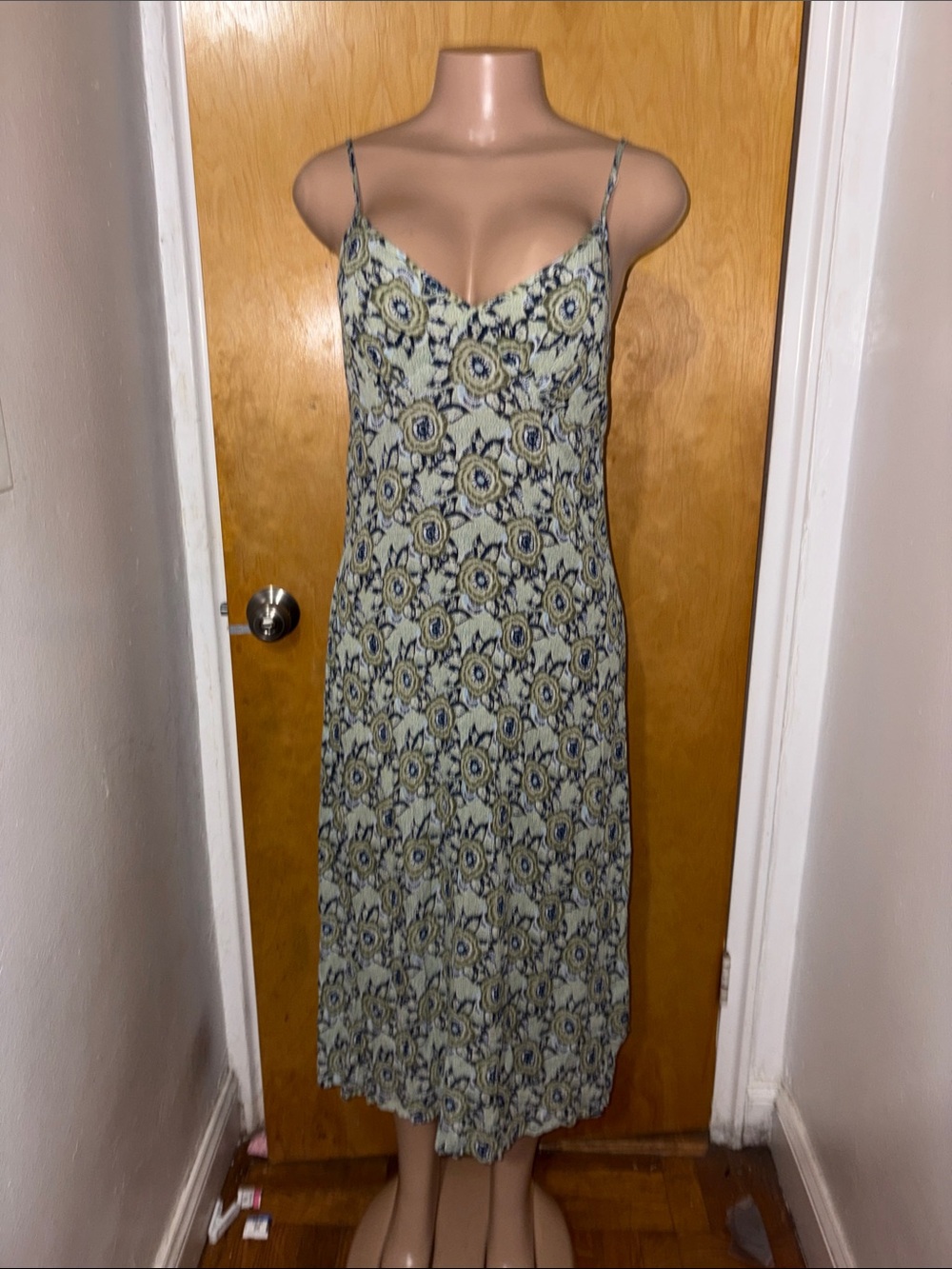Natura Green Floral Slip Midi Dress with Spaghetti Straps (Read Description)